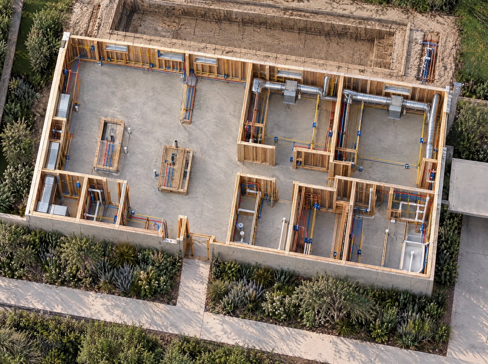 Illustration: a house at rough-in stage, open stud walls with cables, pipes and ducts