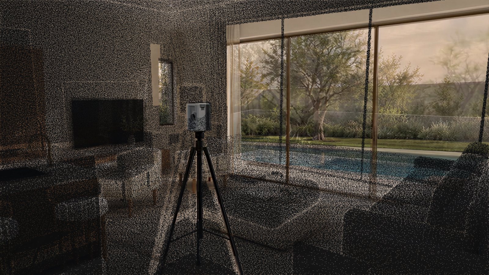 Illustration: a living room captured as a true-color LiDAR point cloud around the scanner on its tripod