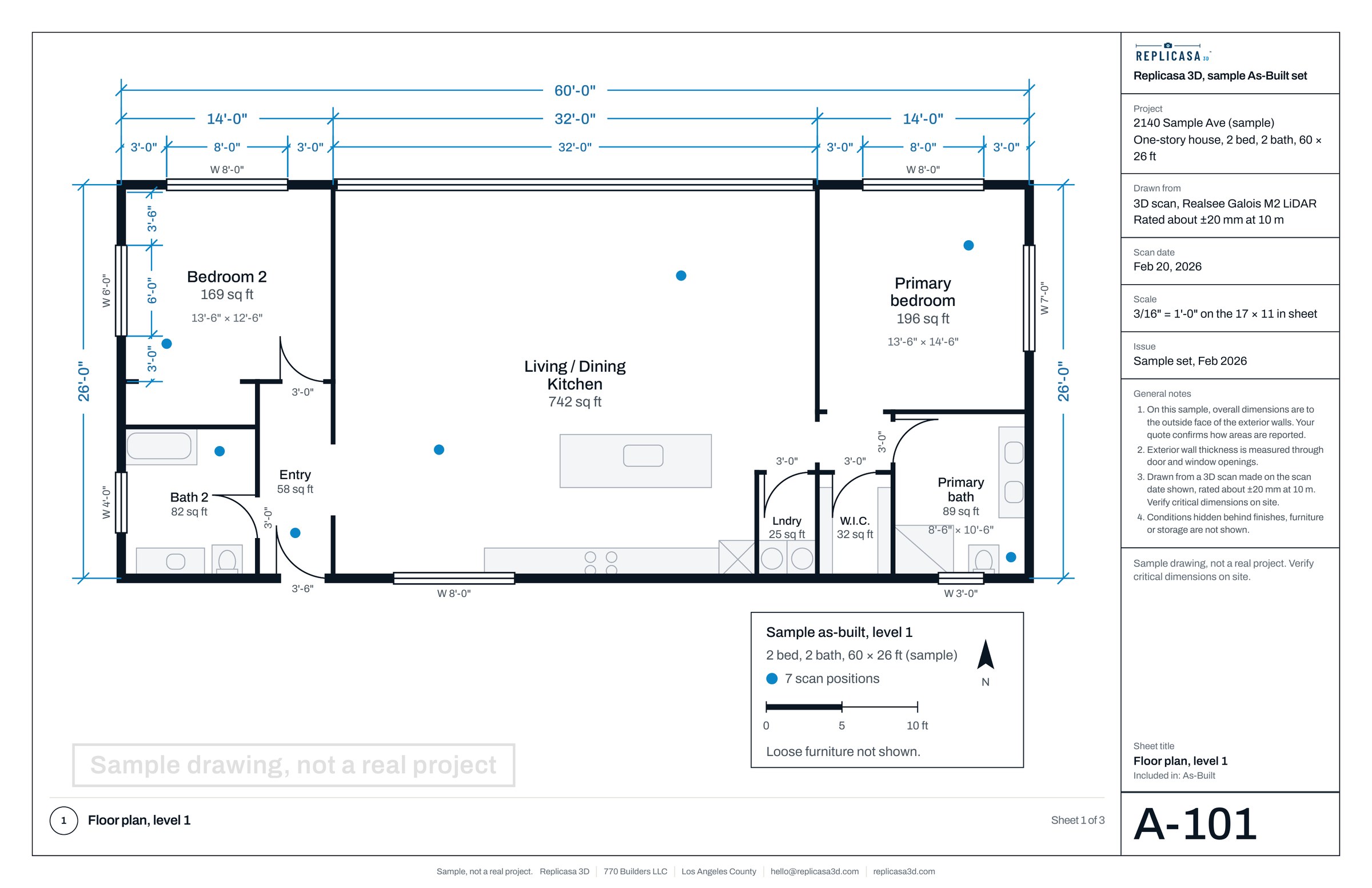 Sample As-Built set, sheet 1 of 3: A-101 Floor plan, level 1. Sample drawing, not a real project.