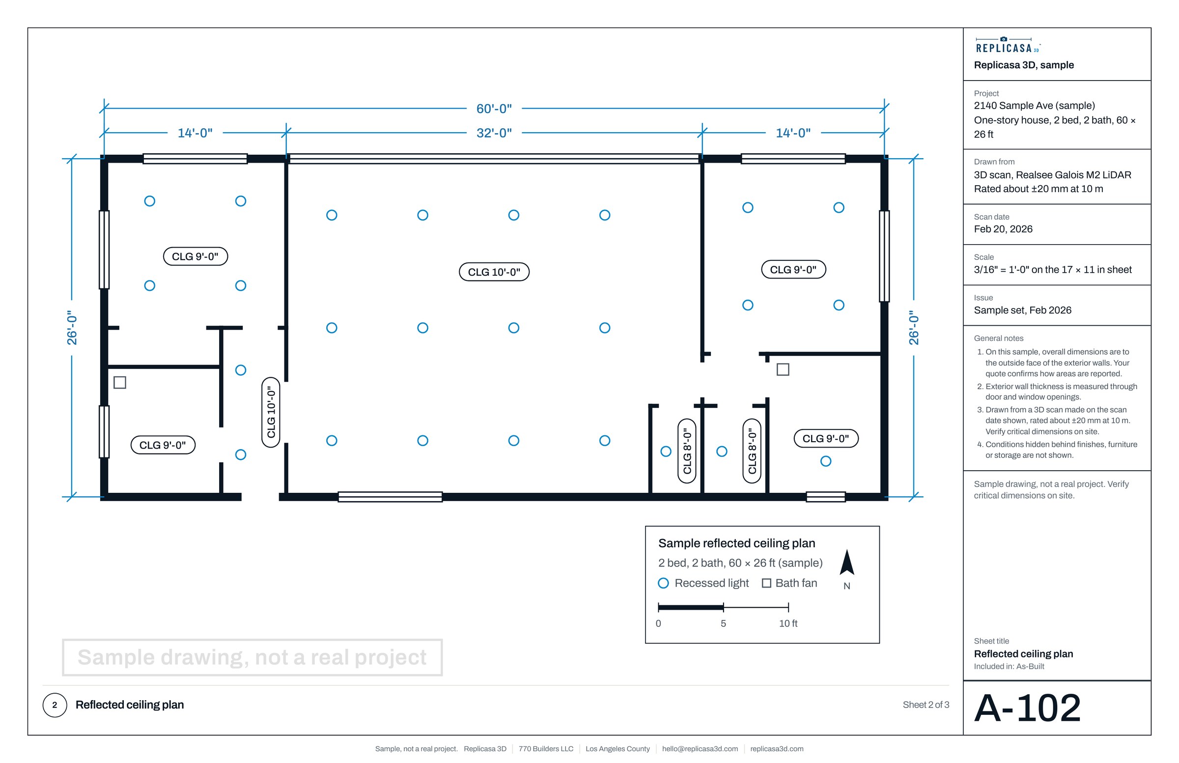 Sample As-Built set, sheet 2 of 3: A-102 Ceiling plan, reflected. Sample drawing, not a real project.