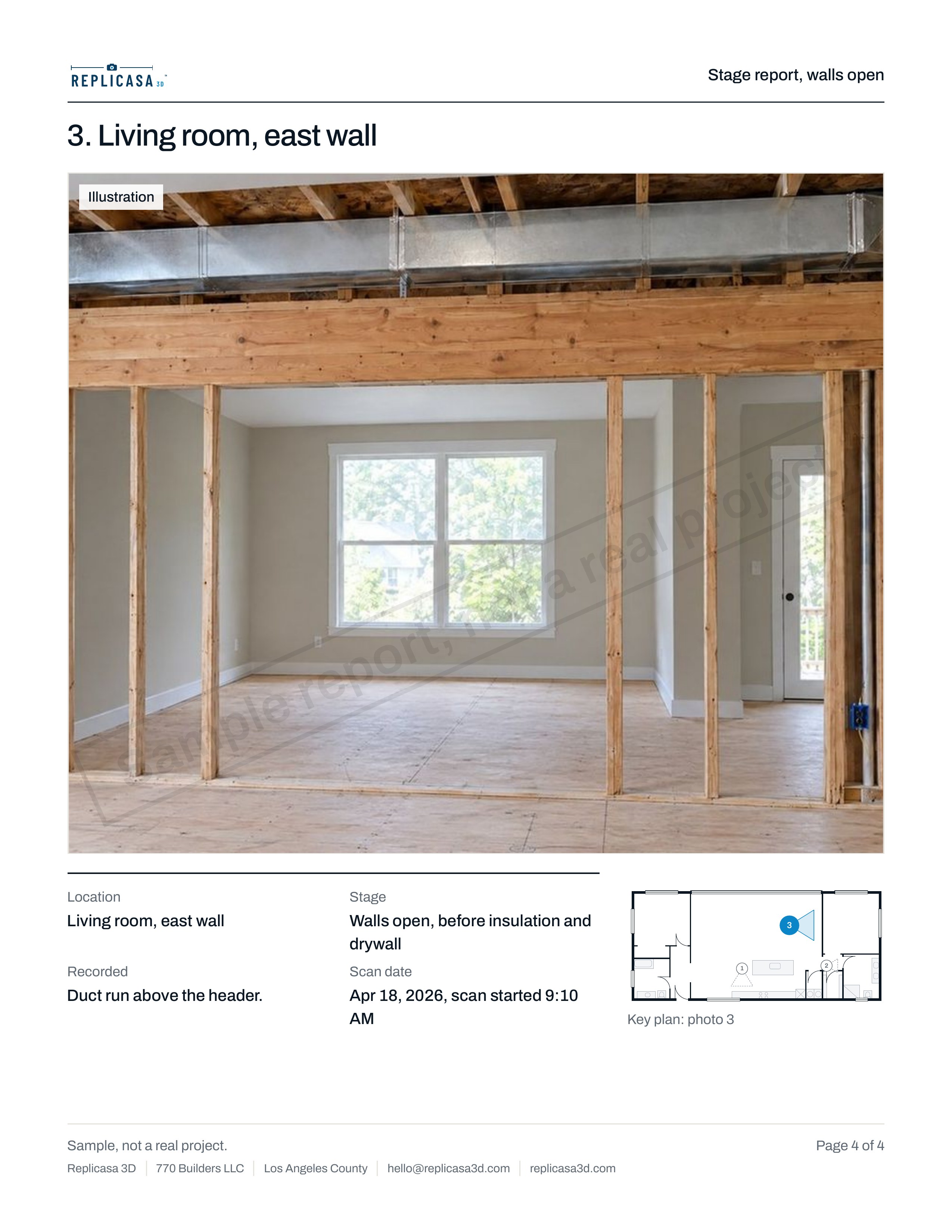 Sample stage report, page 4 of 4: Living room, east wall, walls open. Sample report, not a real project. Photos are illustrations.