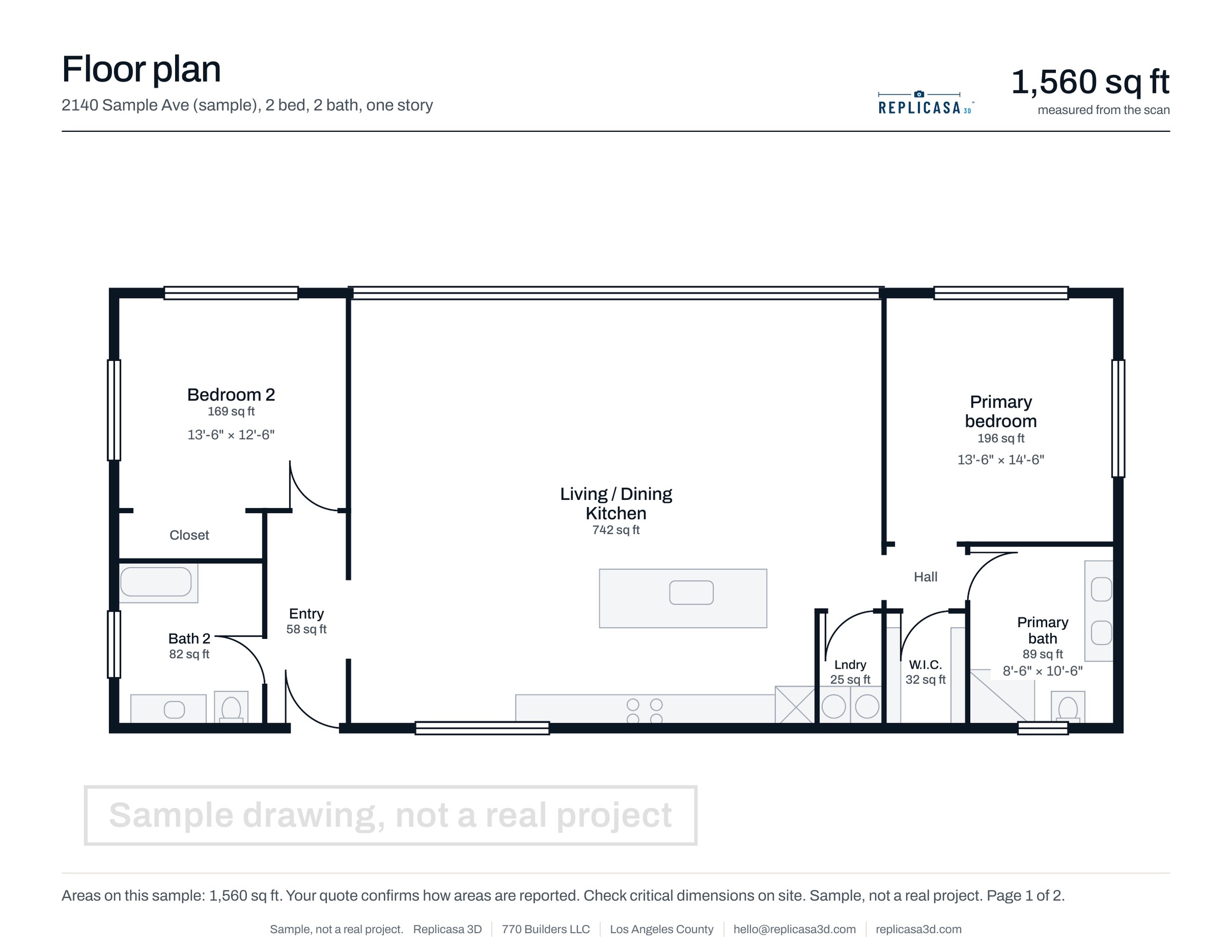 Sample Measured Plan, page 1 of 2: Floor plan, rooms and areas. Sample plan, not a real project.