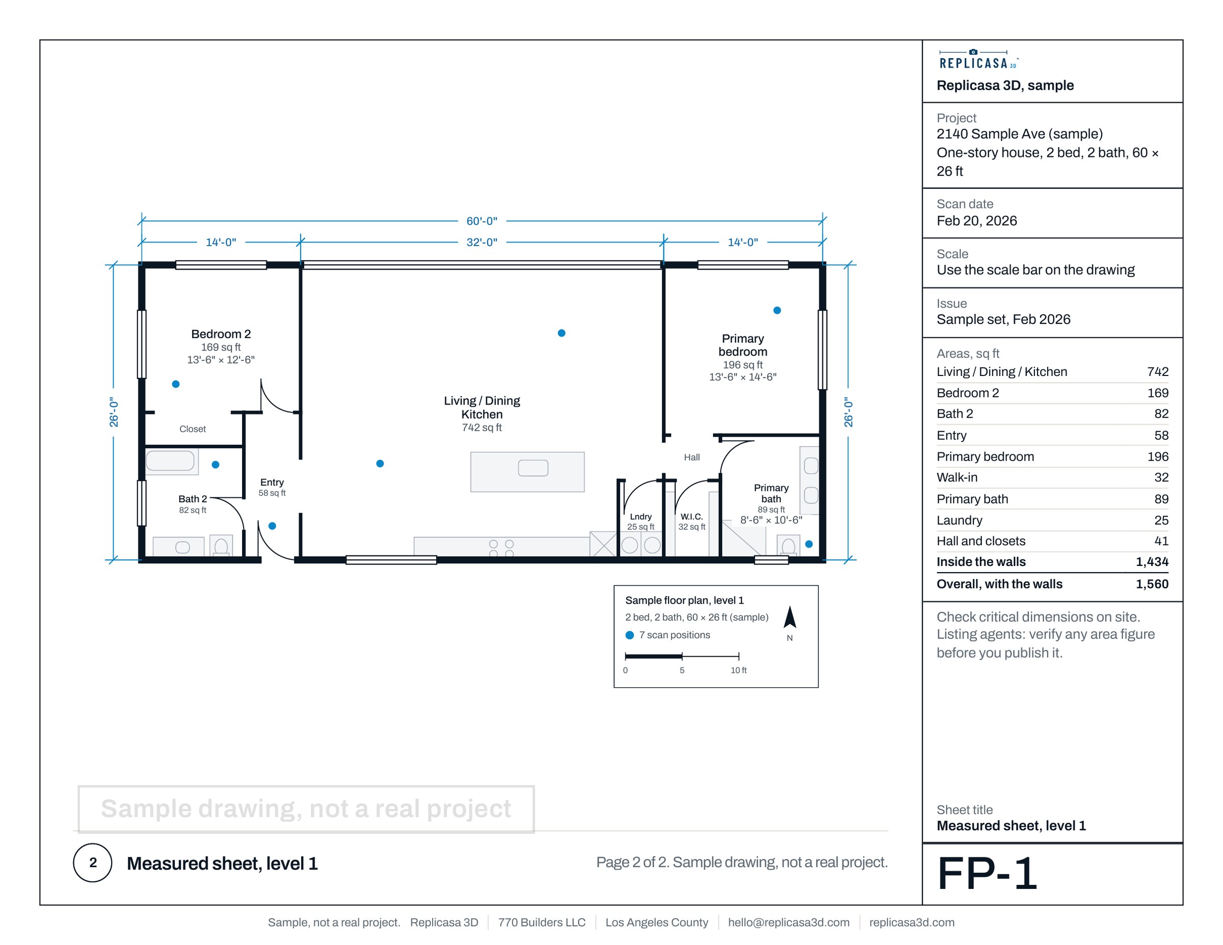 Sample Measured Plan, page 2 of 2: FP-1 Measured sheet, level 1. Sample plan, not a real project.